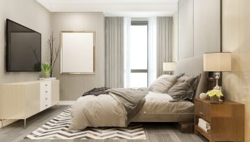 3d rendering luxury modern bedroom suite in hotel with tv and cabinet