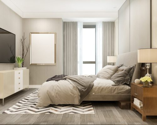 3d rendering luxury modern bedroom suite in hotel with tv and cabinet