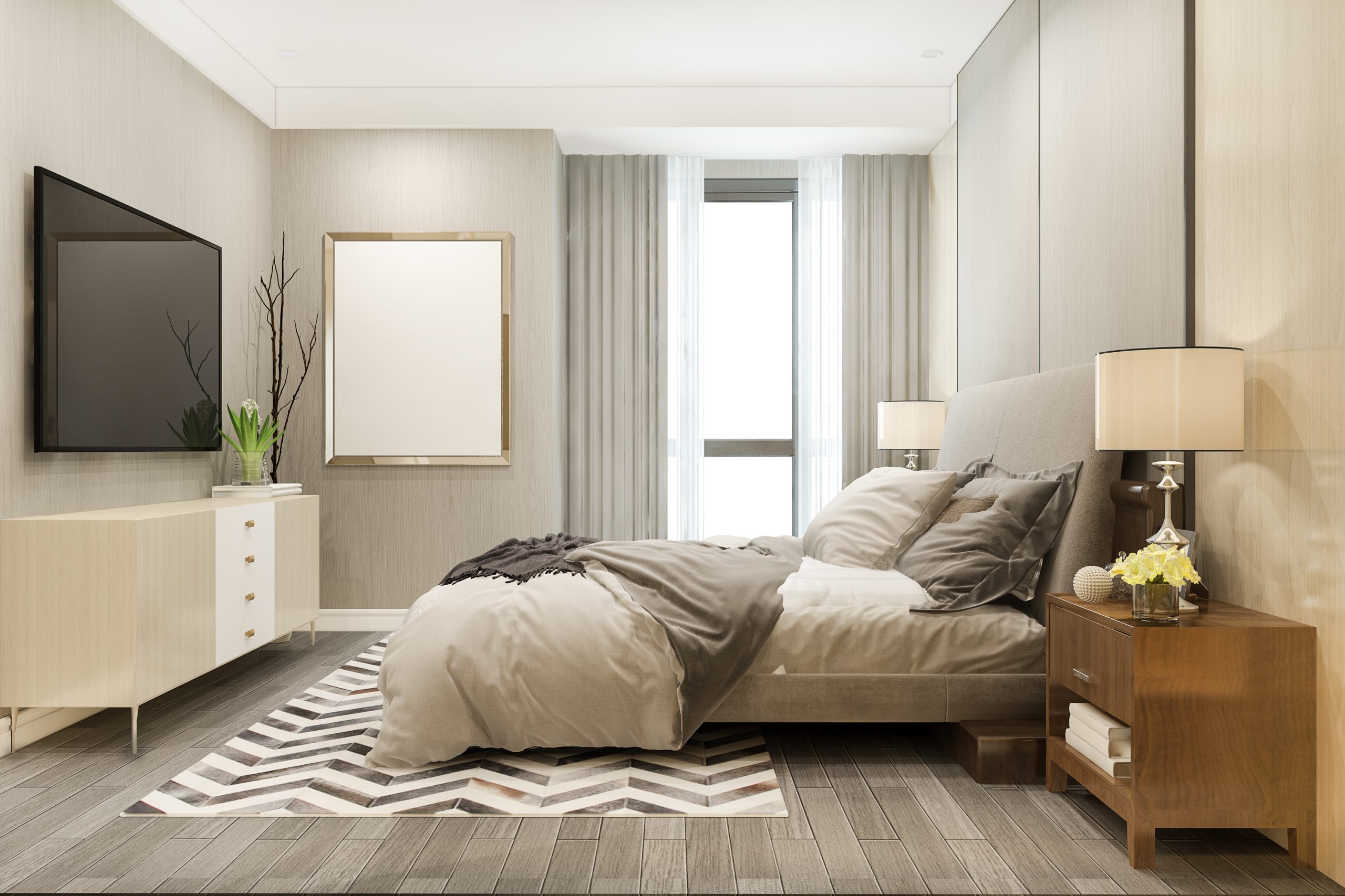 3d rendering luxury modern bedroom suite in hotel with tv and cabinet